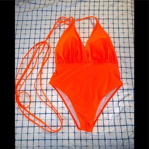 Hot orange swimsuit with long straps